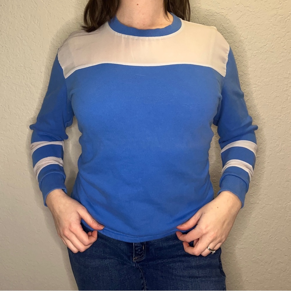 ASOS blue long sleeve with sheer white stripes